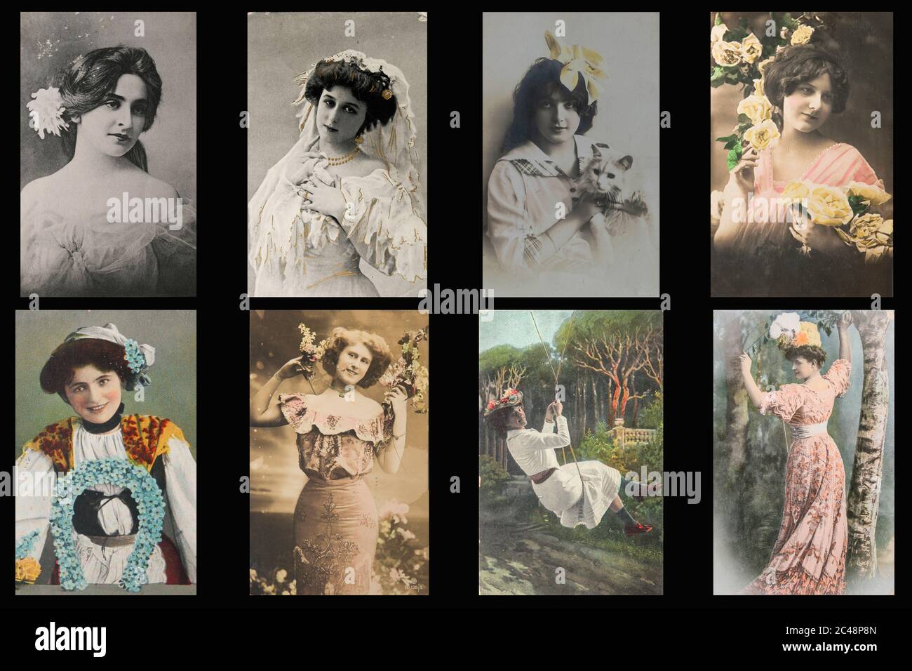 Varie cartoline d'epoca dei primi del 1900 con belle giovani donne in diversi ambienti studio. Contenuti di dominio pubblico. Valorizzazione e collage Foto Stock