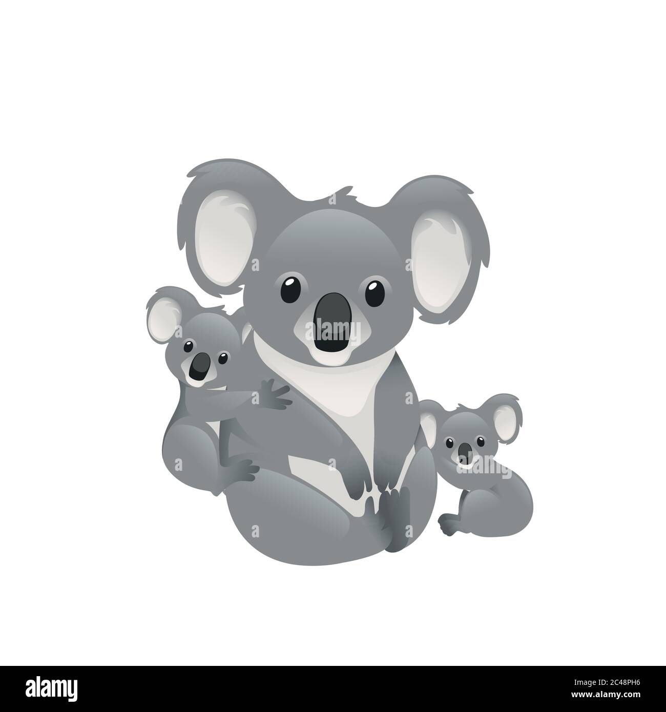 Carino madre di famiglia koala con i bambini siedono sul terreno cartone animato animale disegno piatto vettore illustrazione isolato su sfondo bianco Illustrazione Vettoriale
