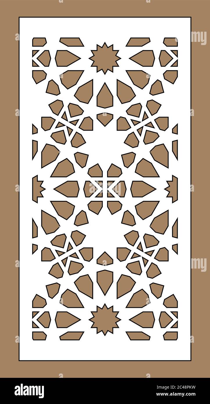 Set di pannelli decorativi vettoriali con taglio laser. Design Jali, arredamento cnc, design d'interni. Taglio laser arabo islamico. Illustrazione Vettoriale