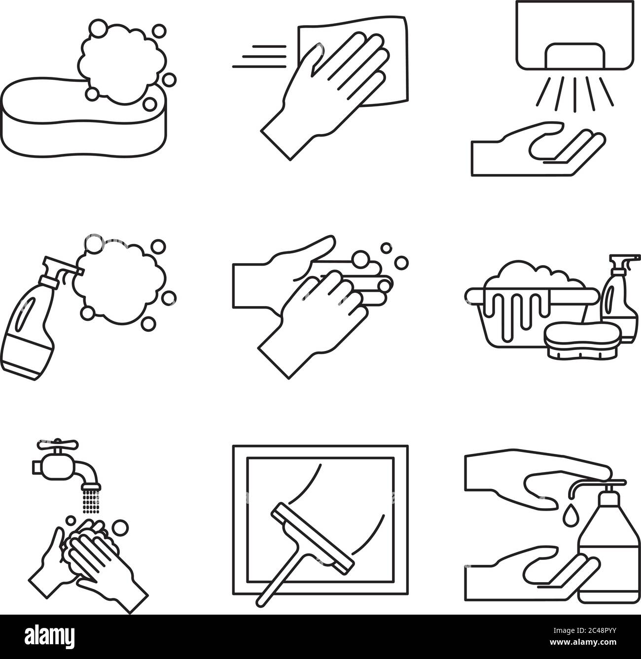 Disegno del set di icone stile linea, servizio di pulizia e tema del virus covid 19 illustrazione vettoriale Illustrazione Vettoriale