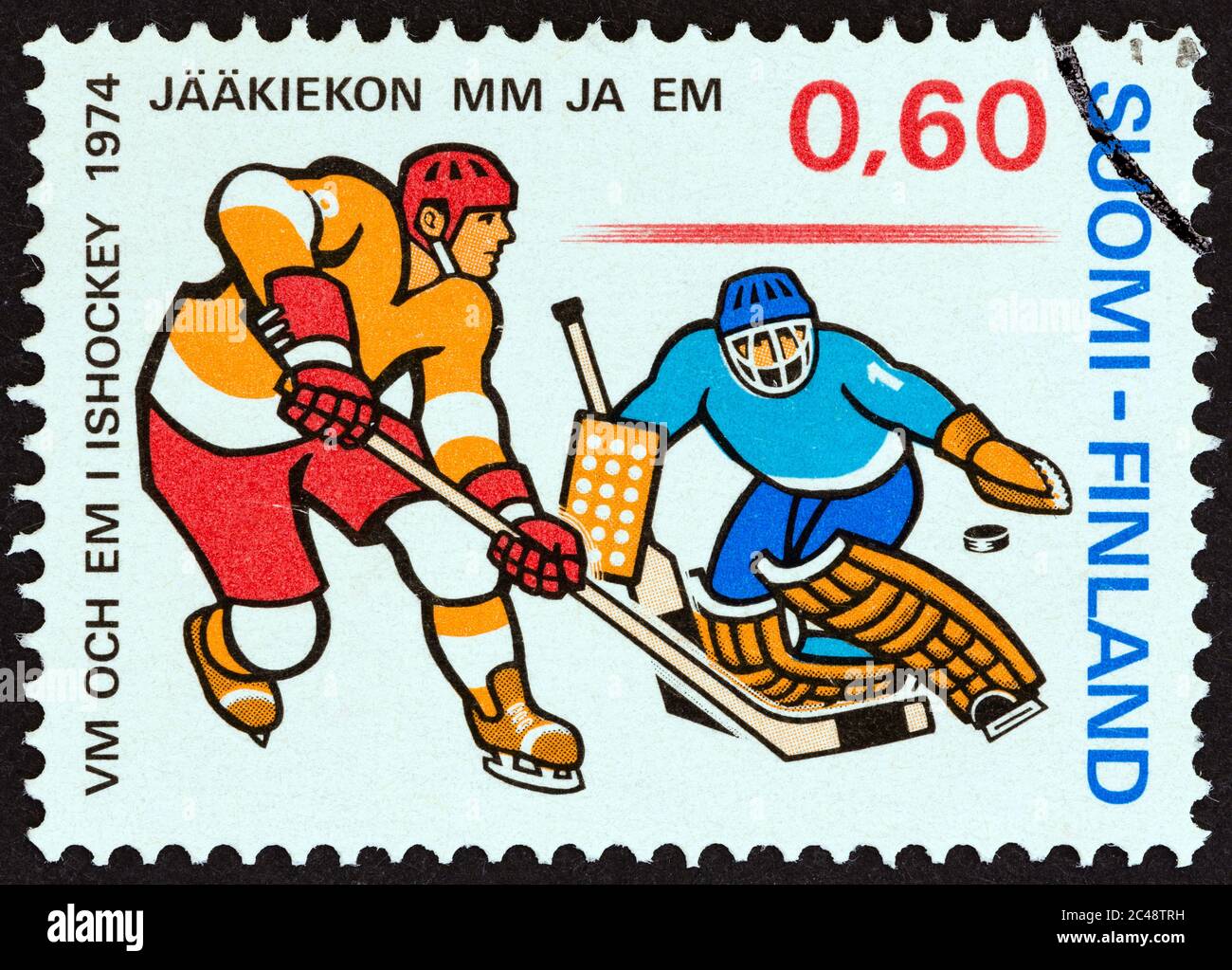 FINLANDIA - CIRCA 1974: Un francobollo stampato in Finlandia dal 'World and European Ice Hockey Championships' mostra i giocatori di hockey su ghiaccio, circa 1974. Foto Stock