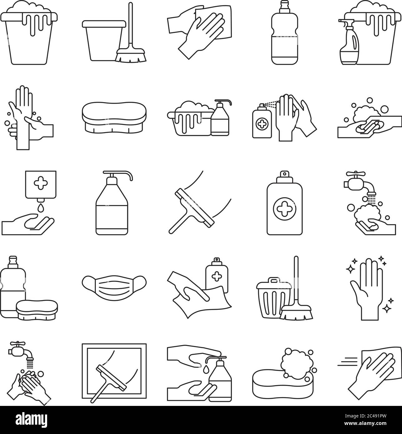 Disegno del set di icone stile linea, servizio di pulizia e tema del virus covid 19 illustrazione vettoriale Illustrazione Vettoriale