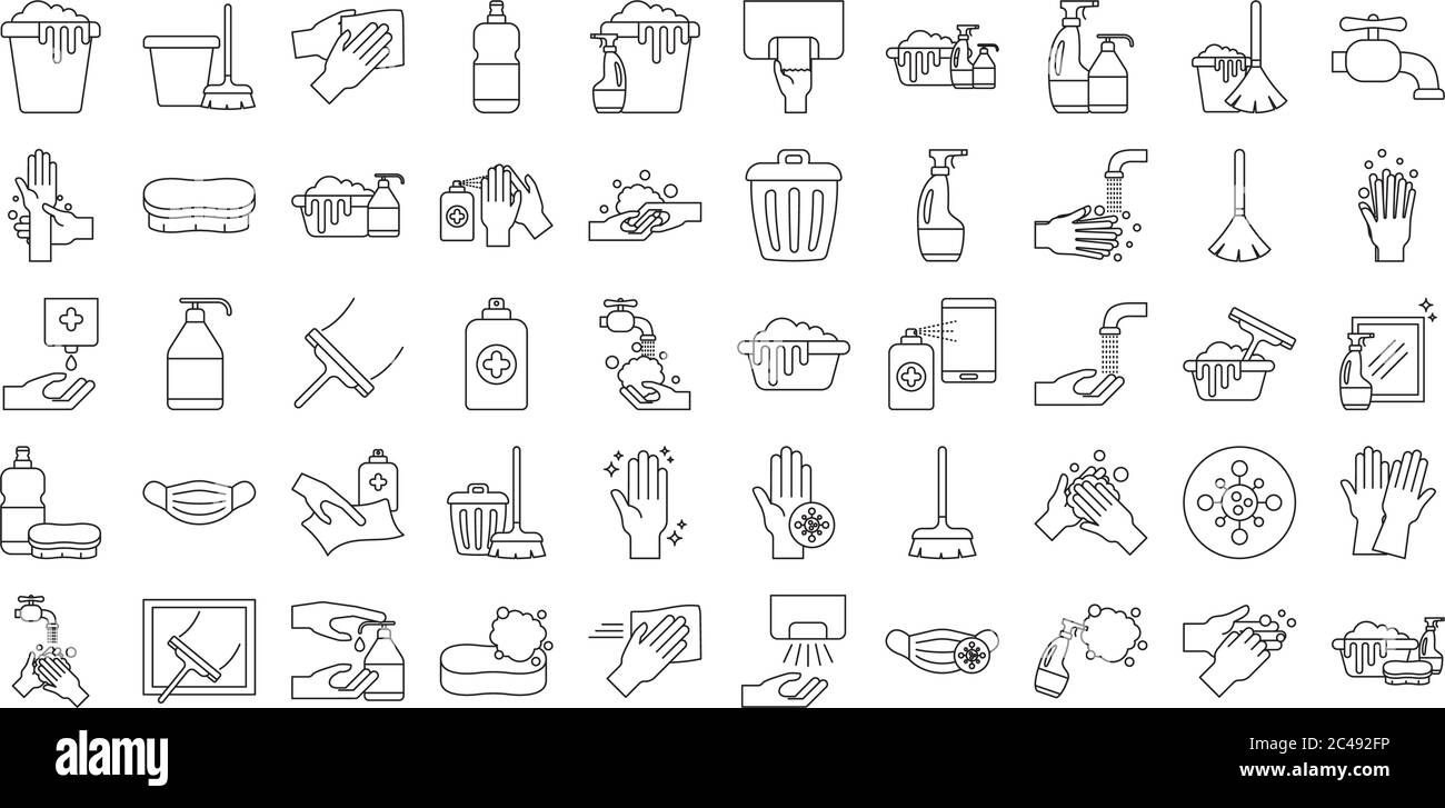Disegno del set di icone stile linea, servizio di pulizia e tema del virus covid 19 illustrazione vettoriale Illustrazione Vettoriale