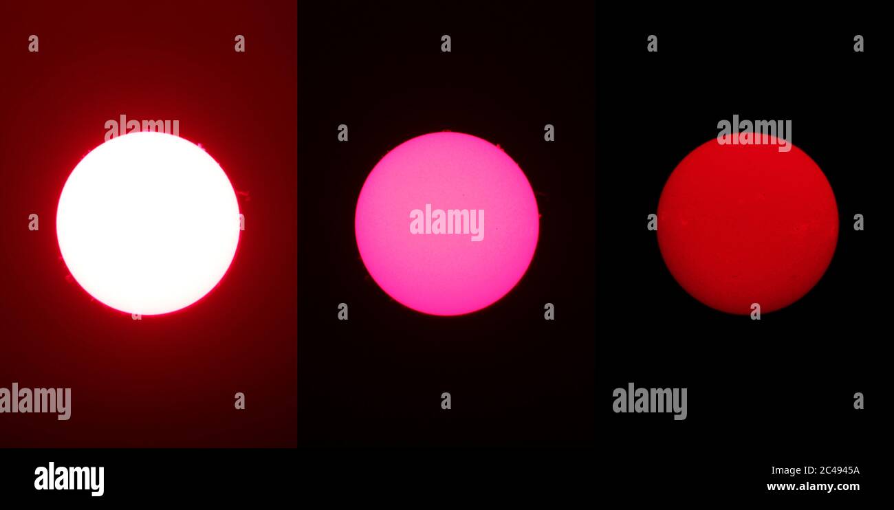 Tre fotografie del Sole scattate con una normale reflex attraverso un telescopio H-alfa specializzato a diverse esposizioni. Eruzioni visibili del sole sul centro Foto Stock