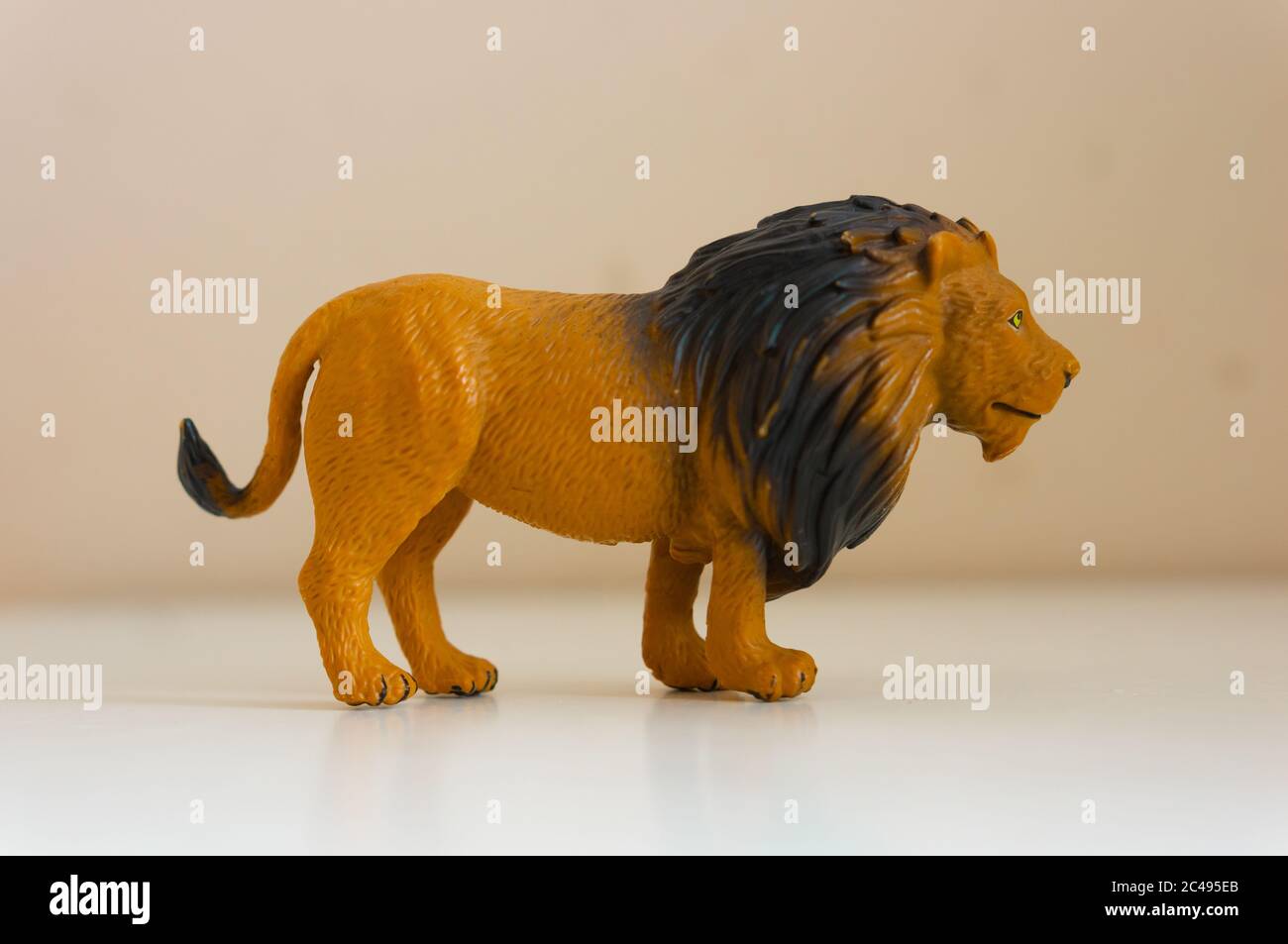 Primo piano del giocattolo di un leone su un sfondo bianco Foto Stock