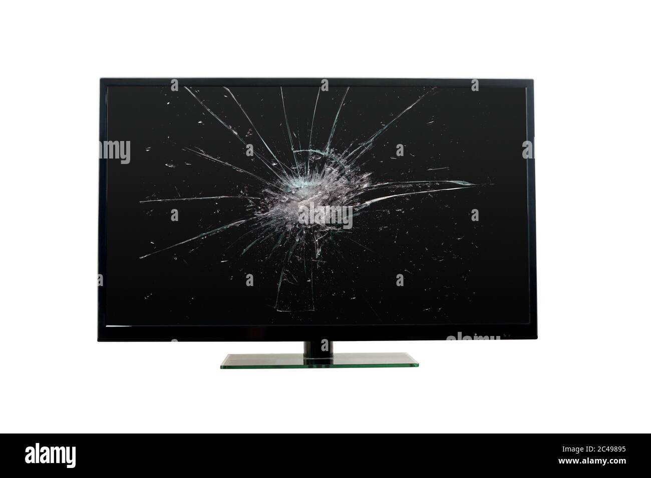 TV con vetro rotto su bianco, tracciati di ritaglio (tv e schermo) inclusi Foto Stock