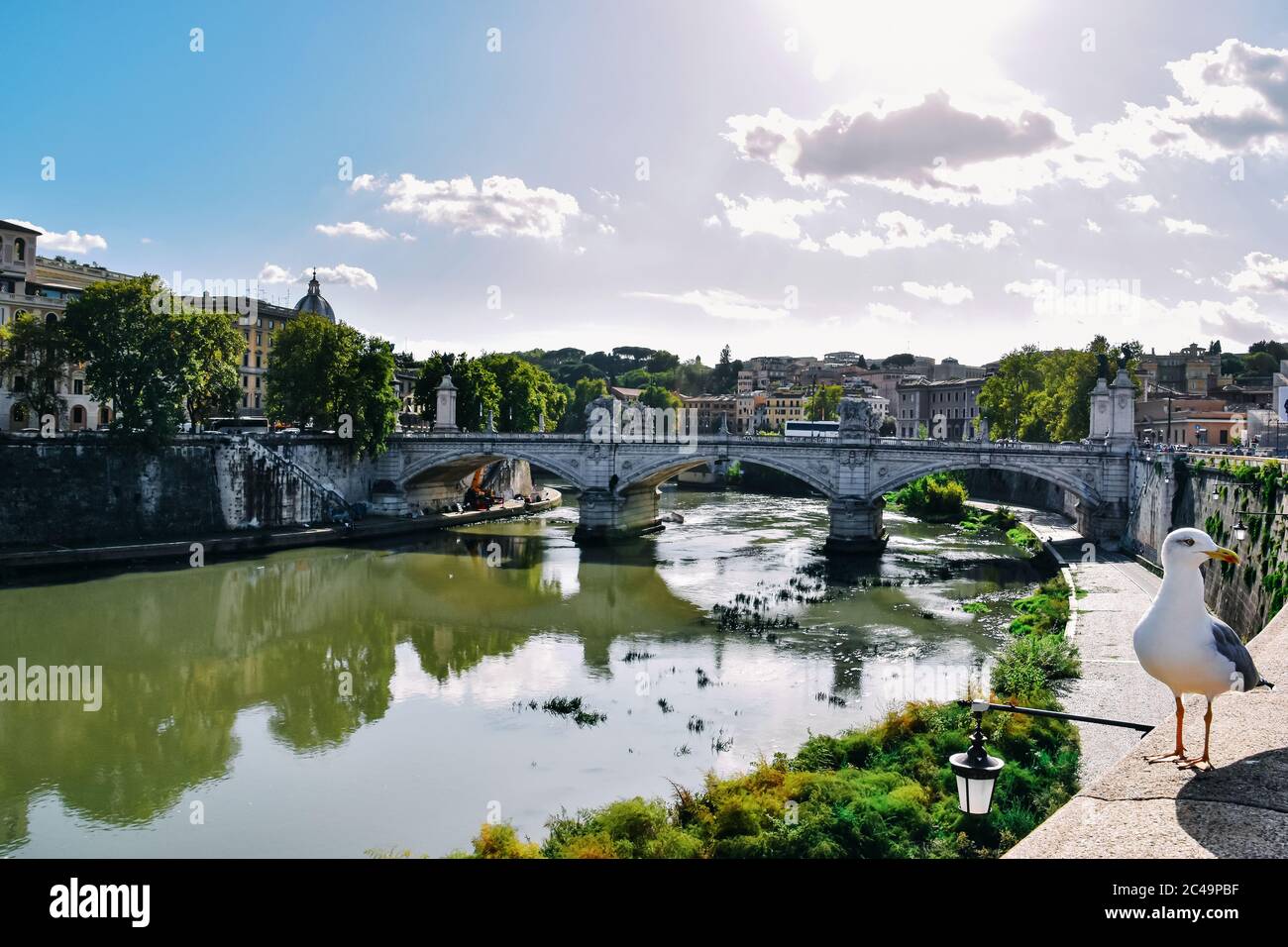 Fiume Tevere e ponte Ponte Sant'Angelo a Roma, in estate soleggiato Foto Stock