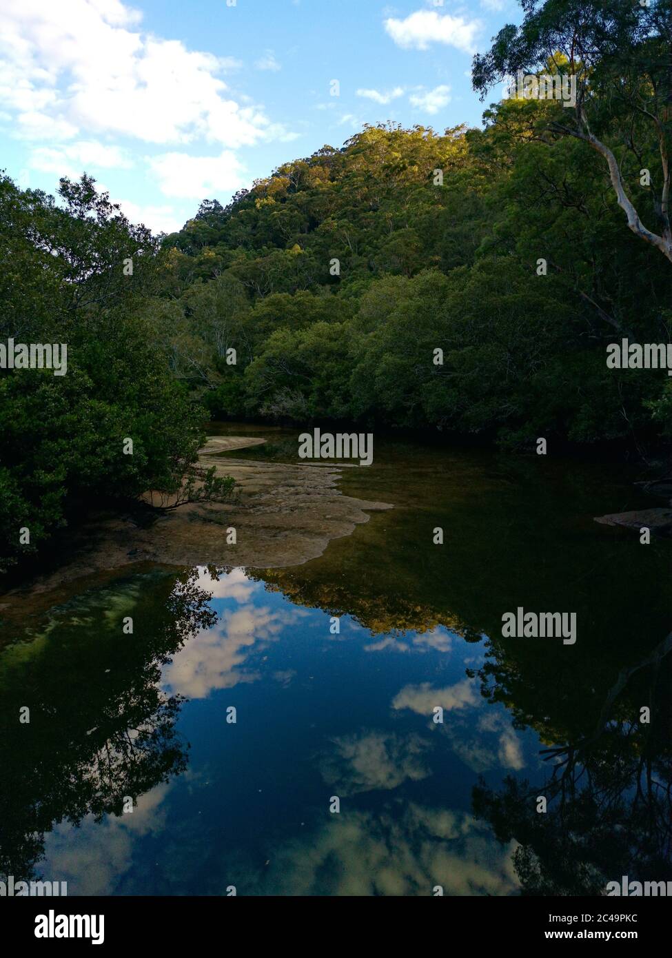 Splendida vista su un torrente con riflessi di cielo blu, montagne e alberi sull'acqua, Berowra Valley National Park, New South Wales, Australia Foto Stock