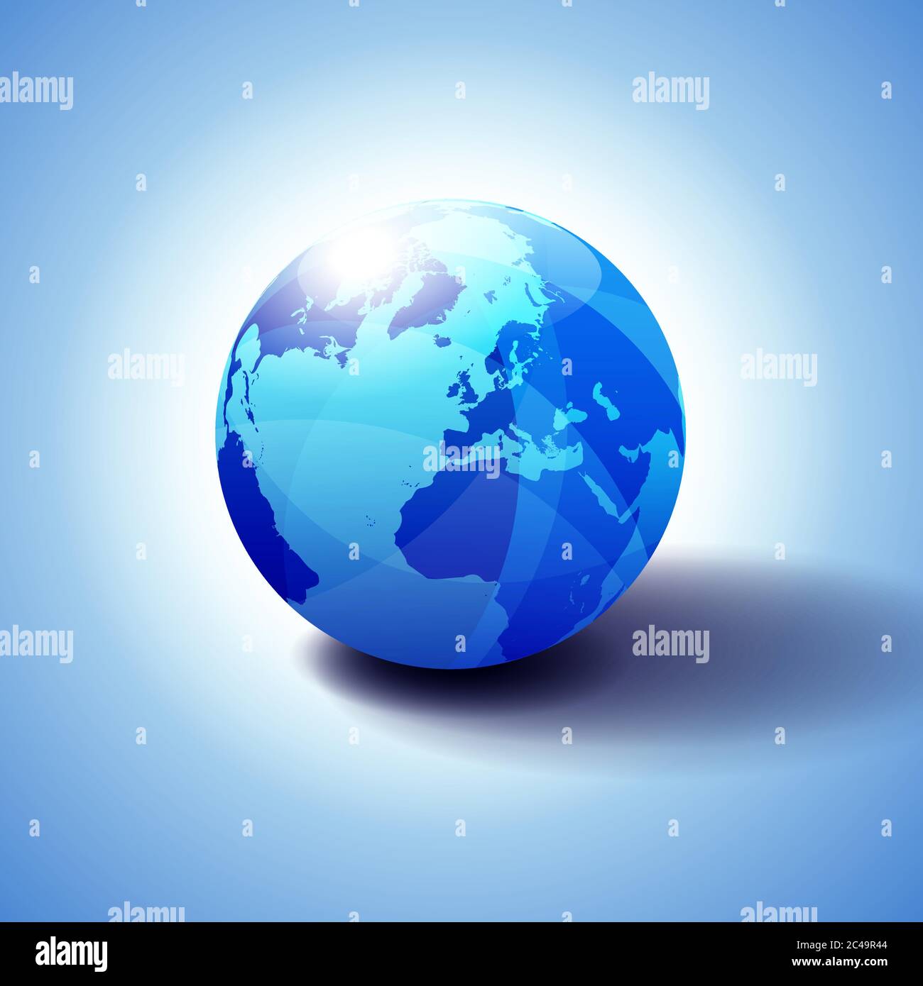 Europa, Russia e Africa, mondo globale, icona globo illustrazione 3D, sfera lucida e lucida con mappa globale in blu sottile per un'atmosfera trasparente Illustrazione Vettoriale