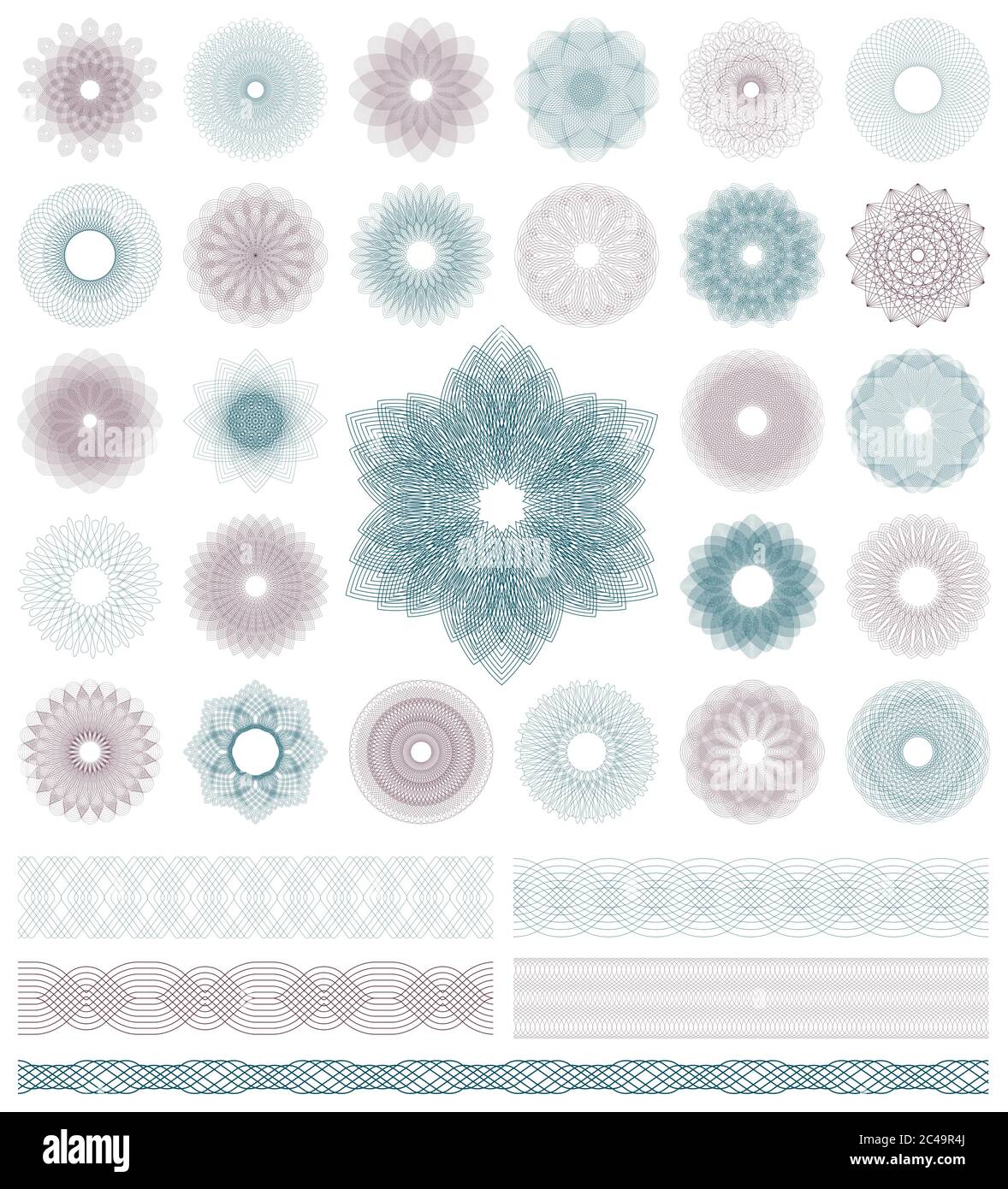 Set di elementi decorativi guilloche. Illustrazione vettoriale. Illustrazione Vettoriale