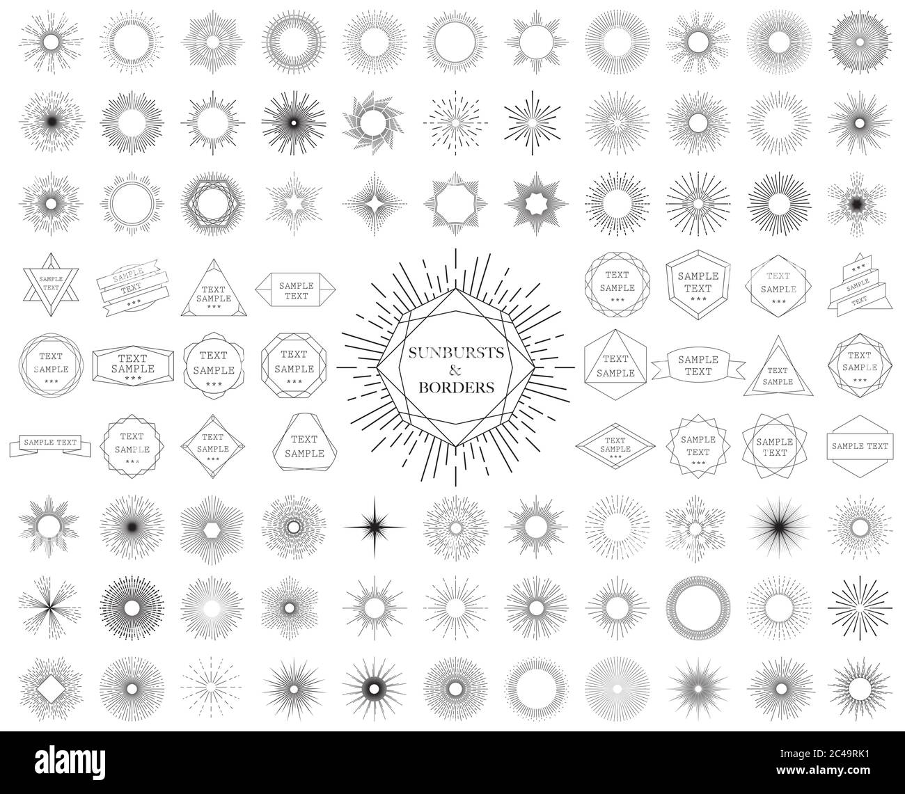 Collezione Sunburst e Borders. Illustrazione vettoriale. Illustrazione Vettoriale