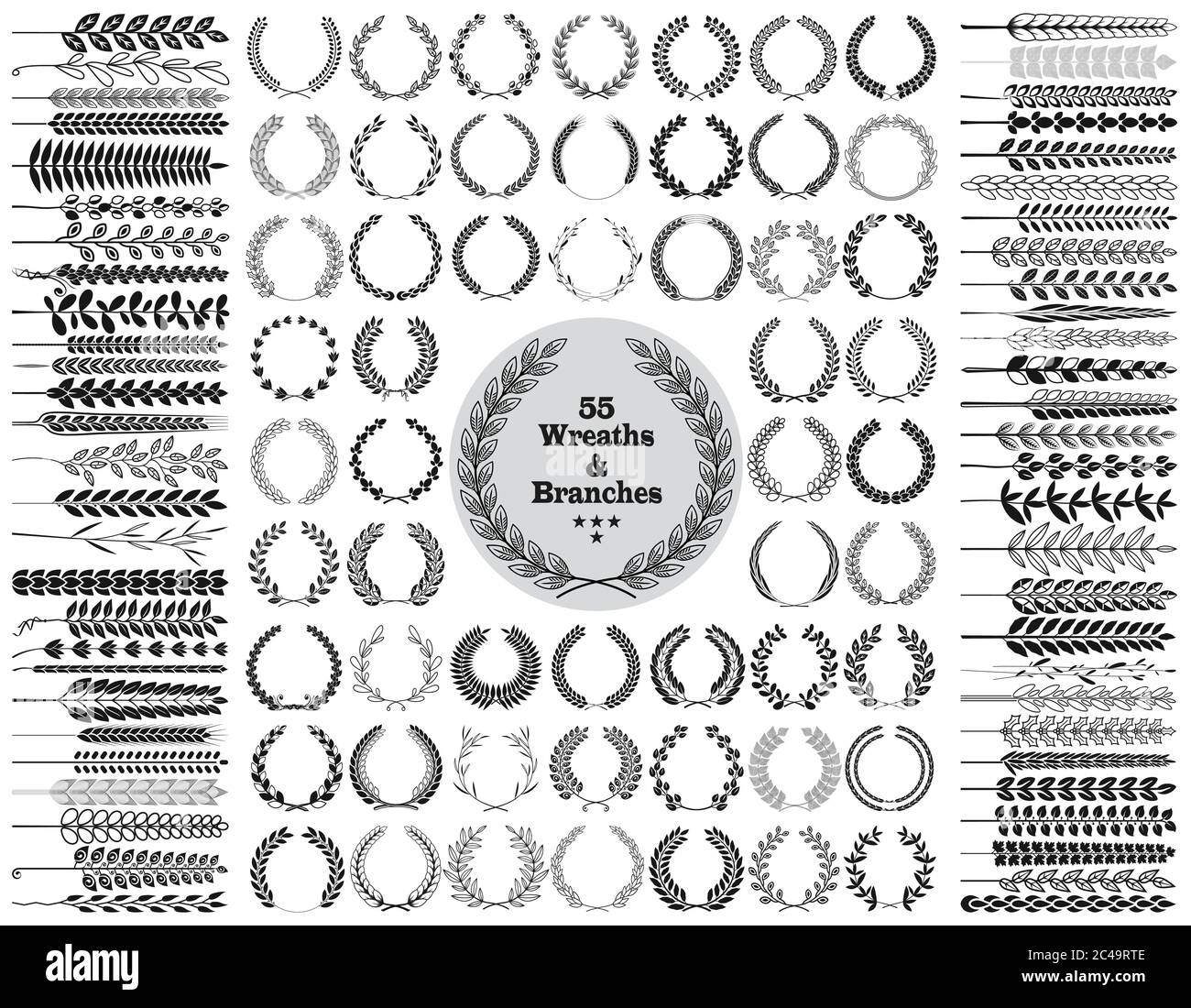 Set di 55 corone e rami. Illustrazione vettoriale. Collezione di corone III. Illustrazione Vettoriale