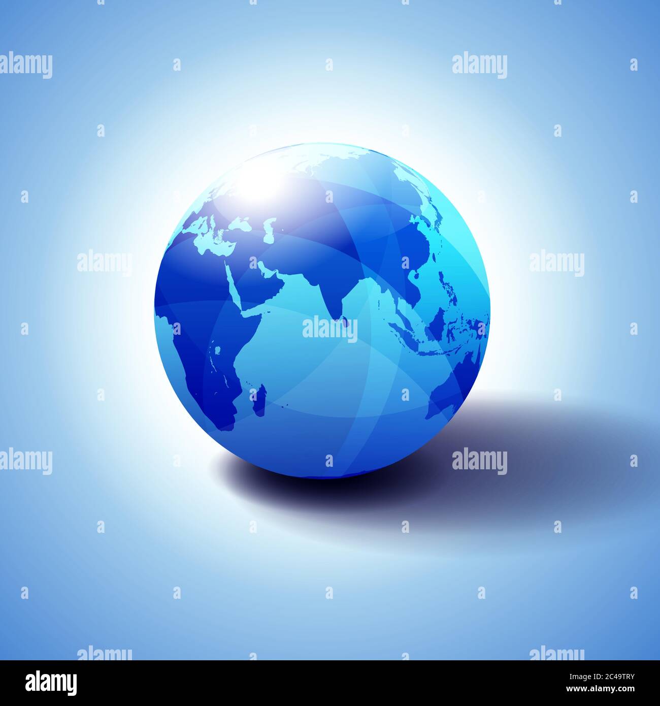 India, Africa, Cina, Oceano Indiano, mondo globale, icona globo illustrazione 3D, lucida, sfera lucida con mappa globale in blu sottile che dà una trasparenza Illustrazione Vettoriale