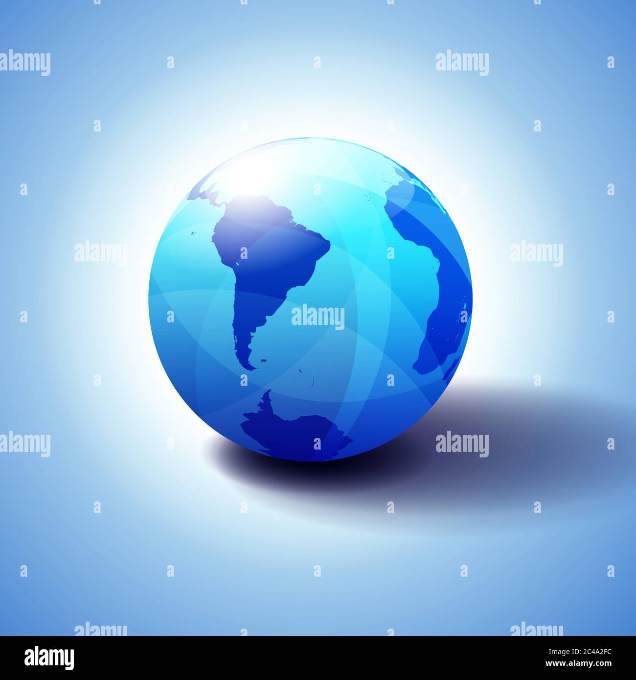 Sud America, Polo Sud e Africa mondo globale, icona globo illustrazione 3D, sfera lucida e lucida con mappa globale in blu sottile che dà una trasparenza Illustrazione Vettoriale