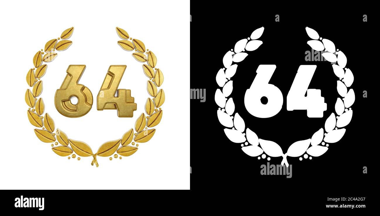 Numero d'oro 64 (numero sessantaquattro) con ramo d'alloro con canale alfa. Illustrazione 3D Foto Stock