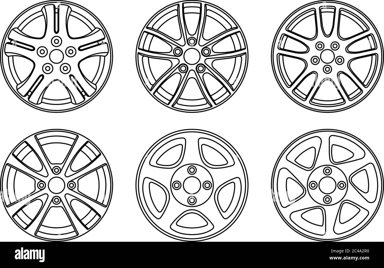 Set di icone del cerchione della ruota. Linea sottile vettoriale Illustrazione Vettoriale