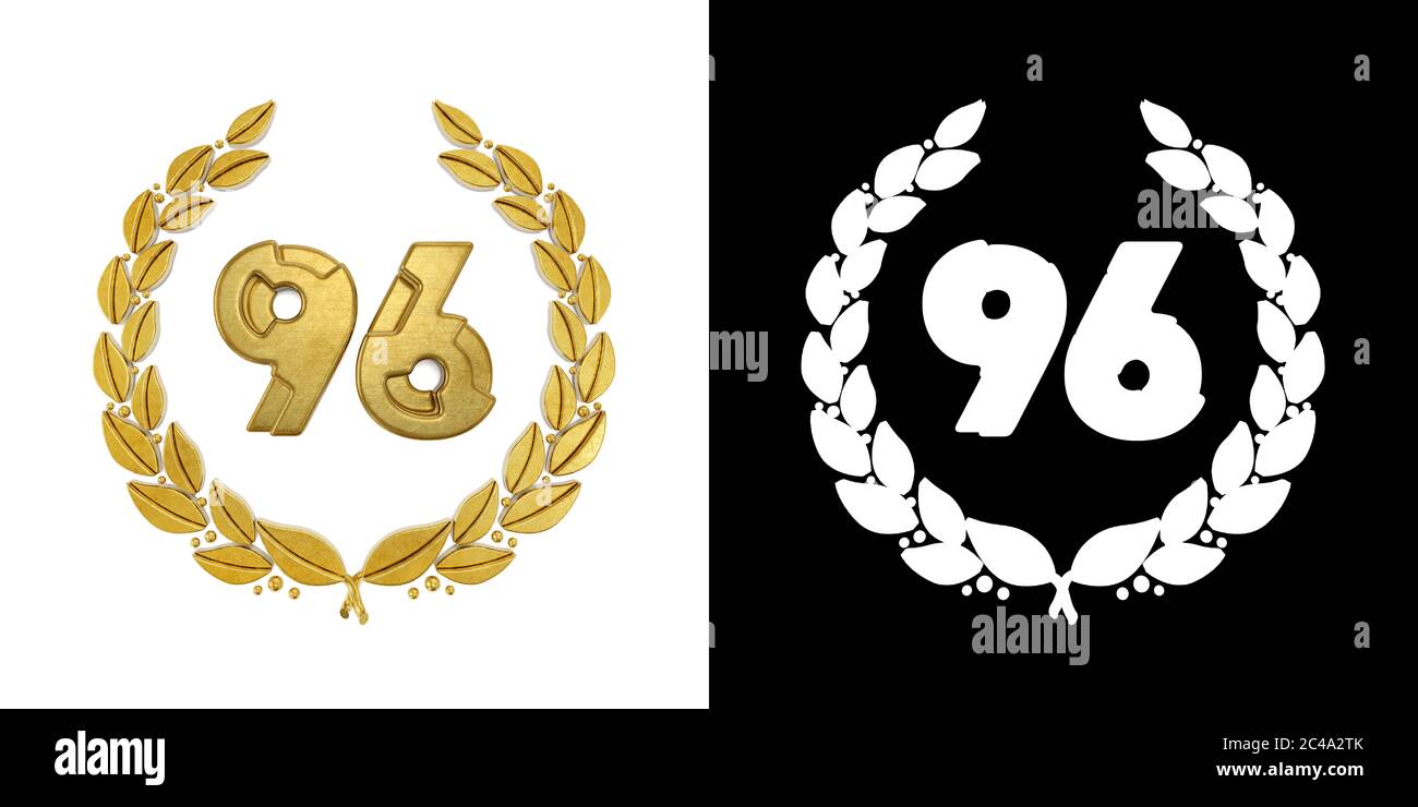 Numero d'oro 96 (numero novantasei) con ramo d'alloro con canale alfa. Illustrazione 3D Foto Stock