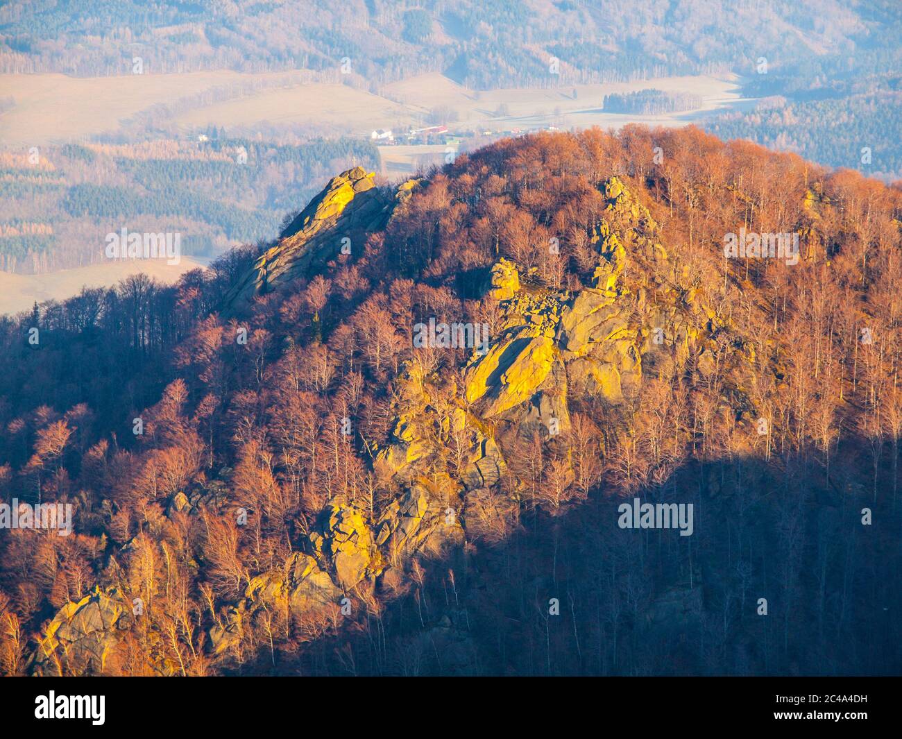 Frydlatske cimburi formazione di granito sulla cresta nel mezzo della foresta di faggi dei Monti Jizera, Repubblica Ceca. Foto Stock