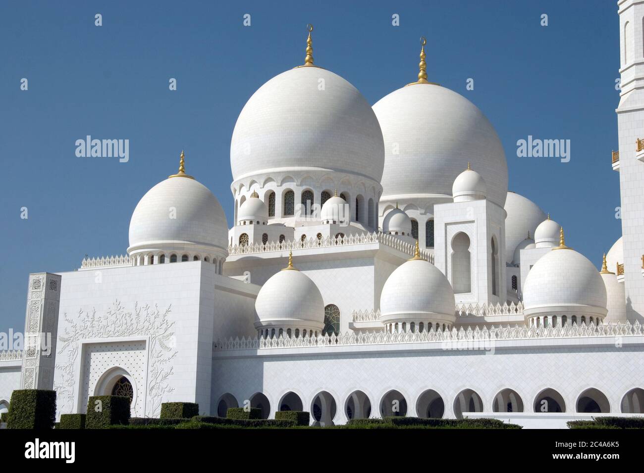 Cupole e minareti della Grande Moschea dello Sceicco Zayed, Abu Dhabi, Emirati Arabi Uniti Foto Stock