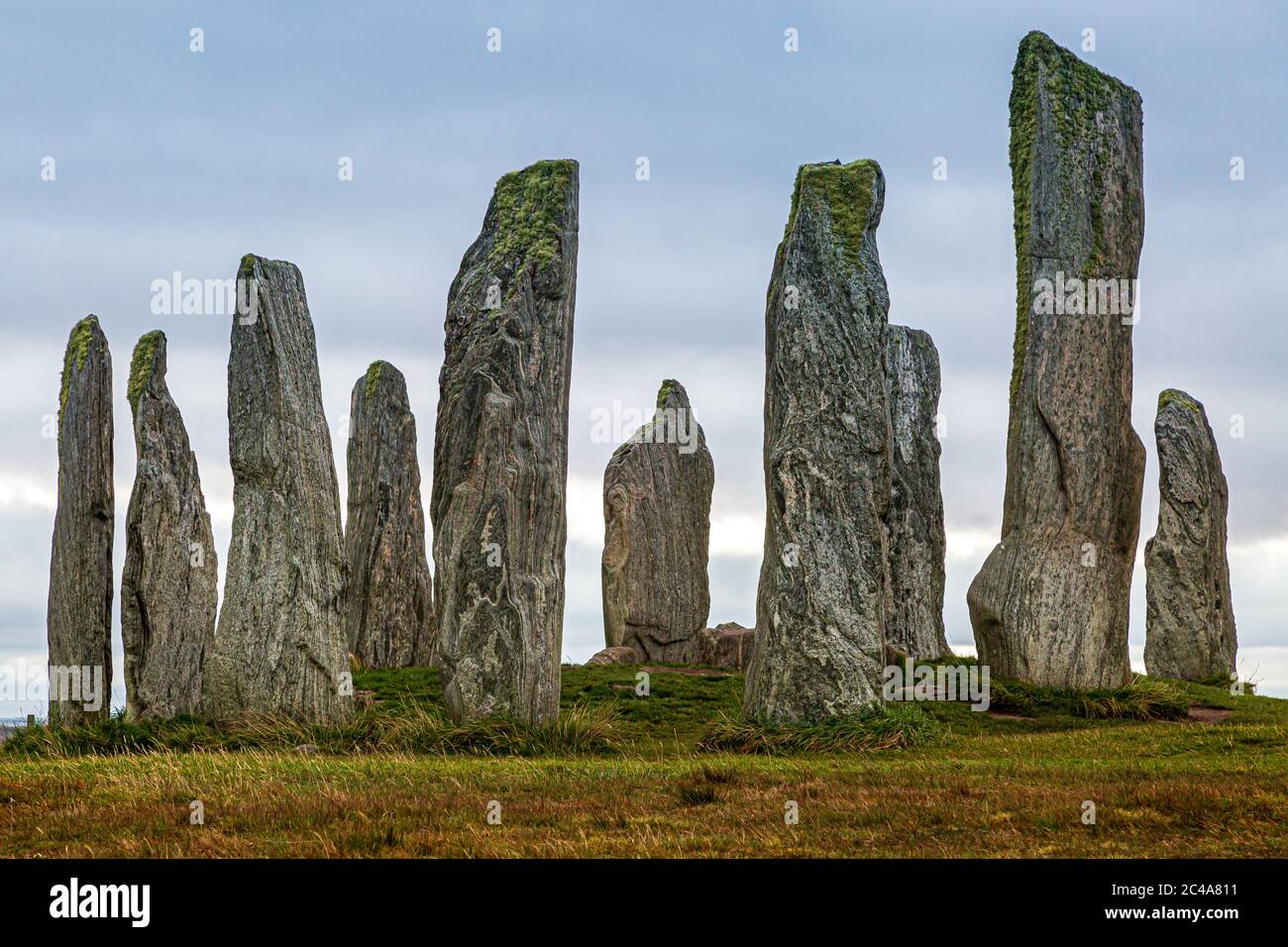 Una vista delle pietre di Calanais in piedi sull'isola Ebridea di Lewis Foto Stock