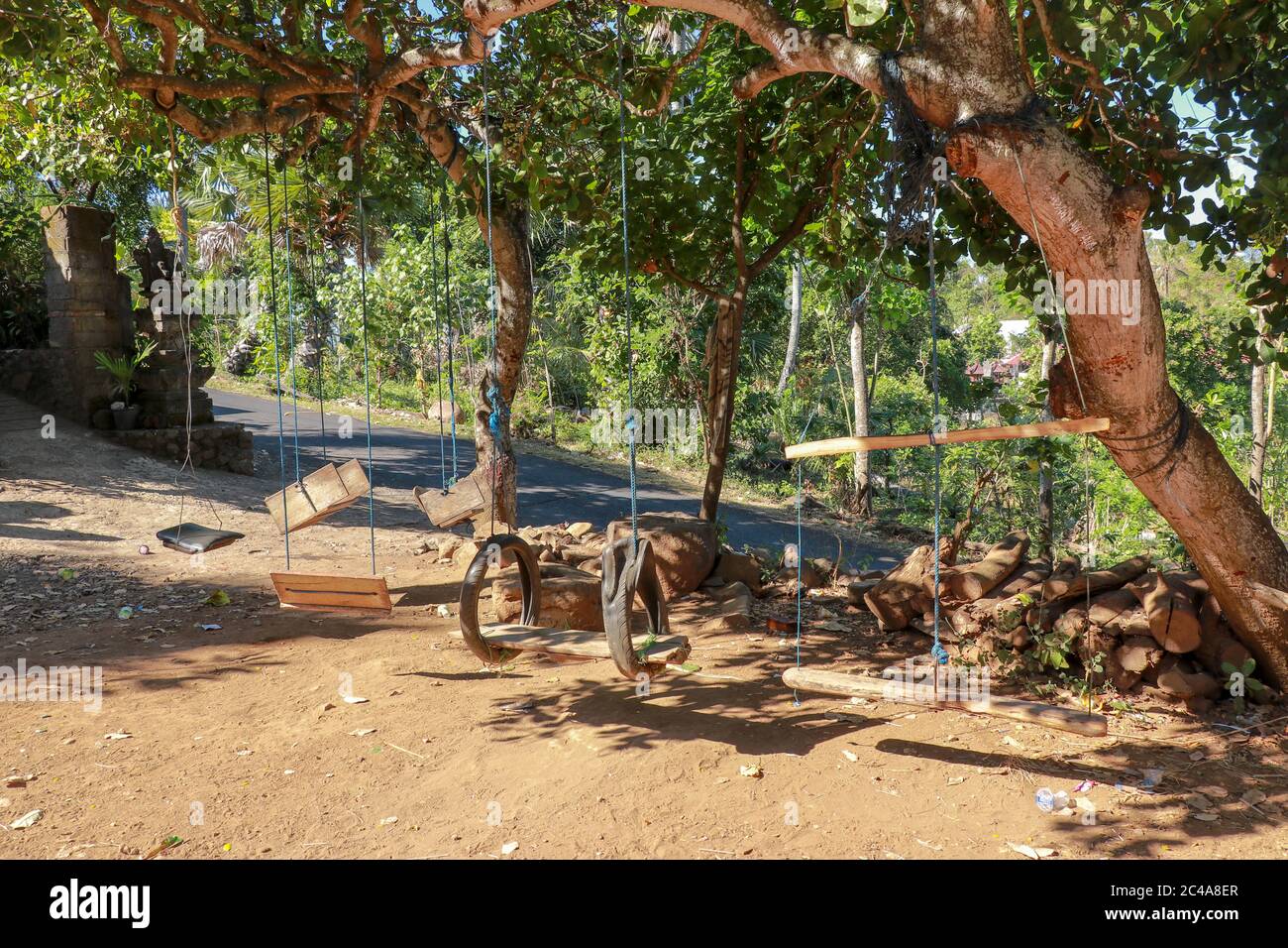 Altalene per bambini appesi su alberi tropicali. Divertimento economico per i bambini balinesi. Altalene fatte di corde, vecchi pneumatici, rami, bastoni e assi Foto Stock
