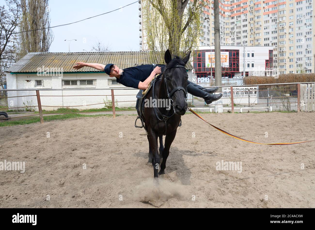 Allenatore di polizia che fa esercizi acrobatici sul suo cavallo Foto Stock