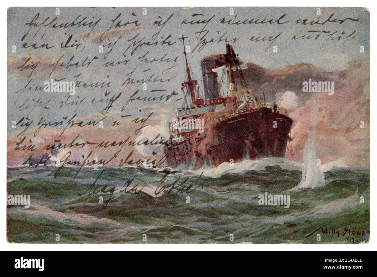 Cartolina storica tedesca: Sottomarino tedesco nella falce di un mercante armato a vapore nell'area ristretta, Marina Imperiale tedesca, 1917, wwi Foto Stock
