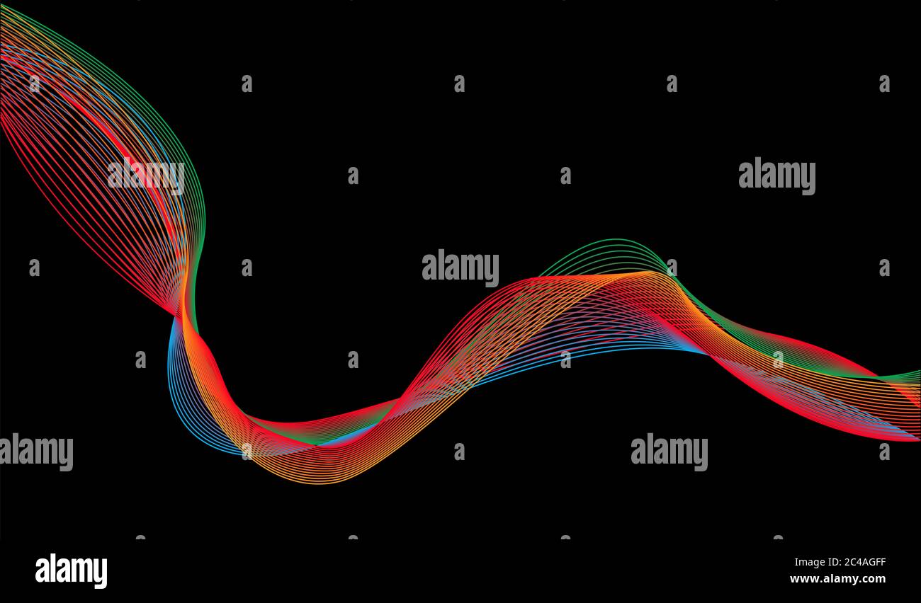 Astratto sfondo a onde, astratto sfondo colorato su nero, arte ottica Illustrazione. Foto Stock