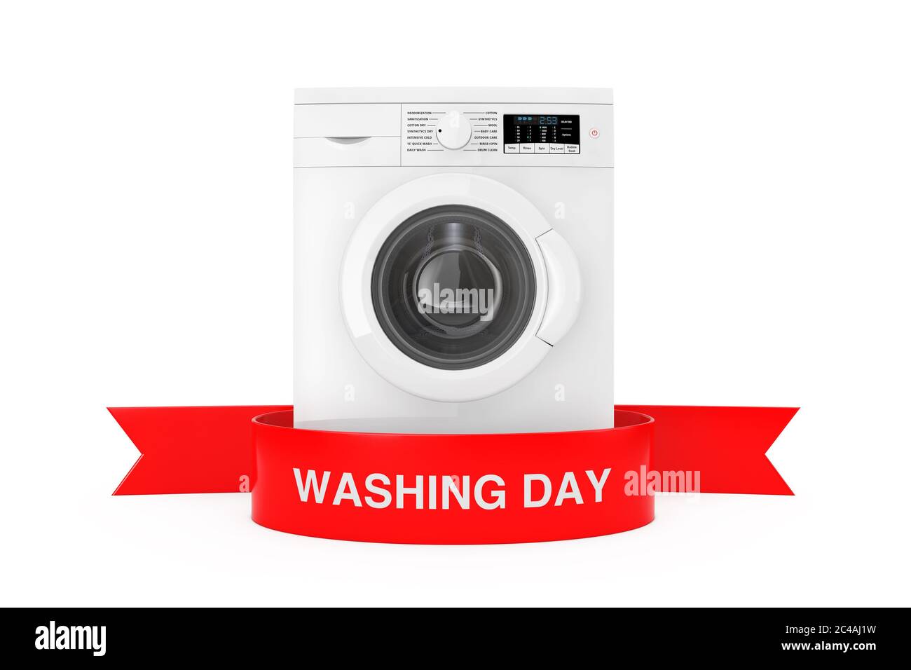 Lavatrice moderna con nastro rosso di lavaggio Day Sign su sfondo bianco 3d rendering Foto Stock