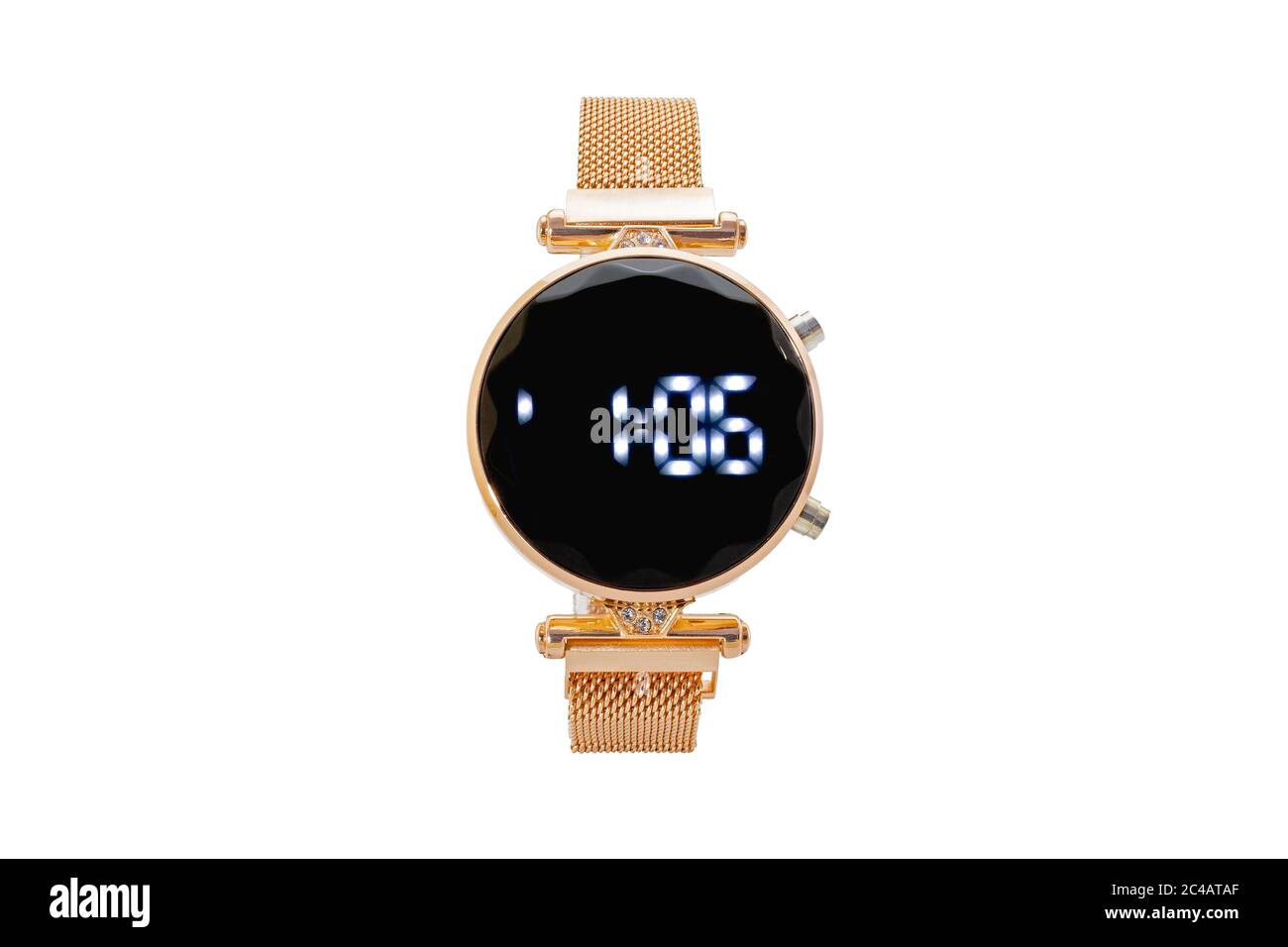Smartwatch rotondo da donna con gemme, cinturino in mesh dorata, quadrante  nero e numeri digitali, isolato su sfondo bianco Foto stock - Alamy