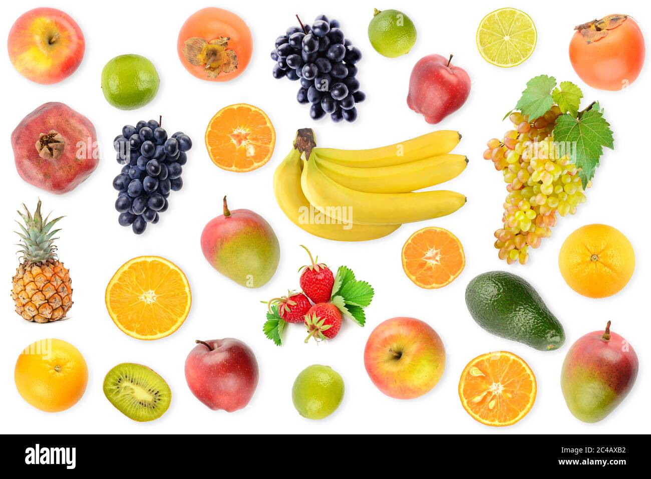 Ampia raccolta di frutti e bacche da vicino isolati su sfondo bianco. Vista dall'alto. Foto Stock