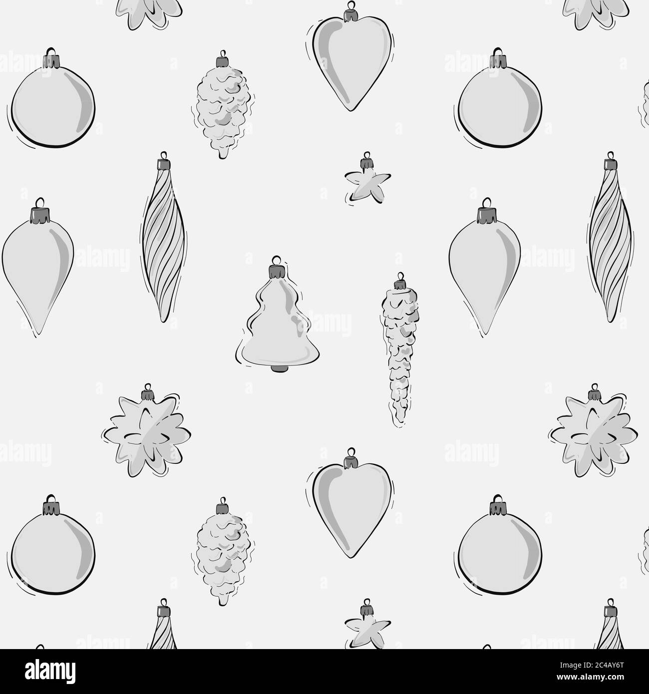 Moderno vettore baubles Natale decorazione modello in grigio nero monocromatico. Vacanze invernali festive ripetizioni design stelle, coni di pino, ele di garland Illustrazione Vettoriale