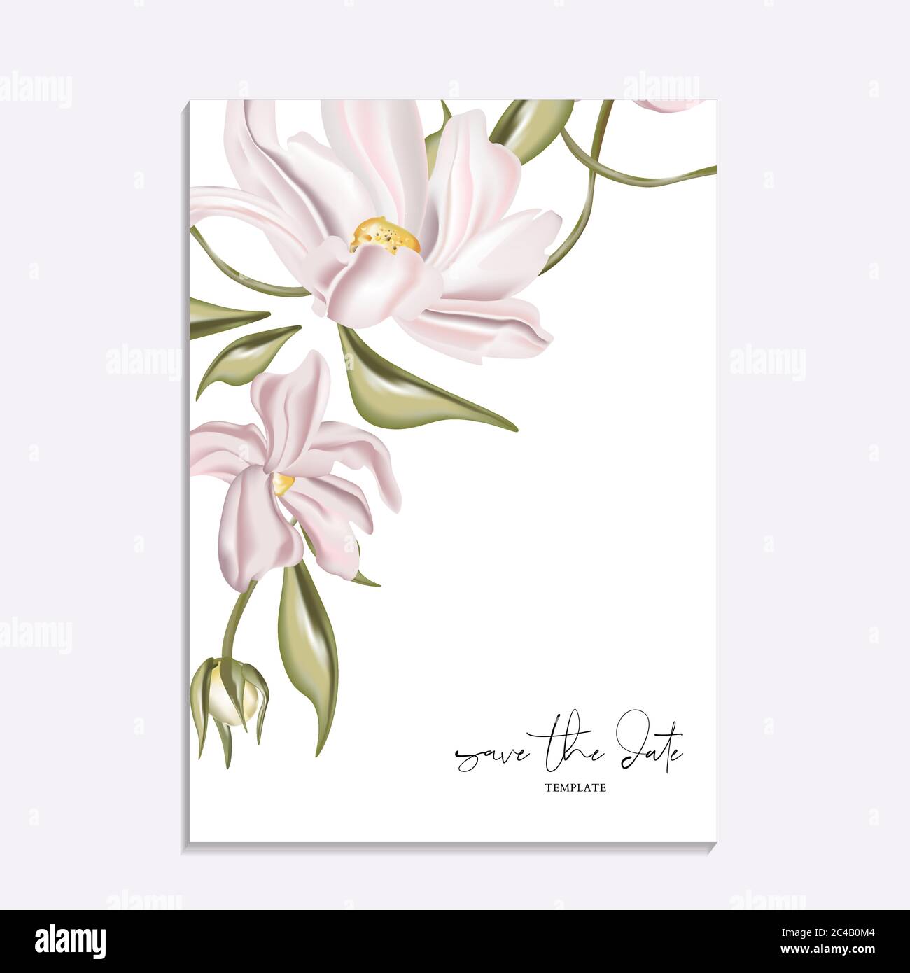 Illustrazione vettoriale morbida magnolia con motivo floreale. Disegno di modello di scheda di invito di nozze, fiori di pony rosa e giglio di calla isolato su bianco. Risparmia il Illustrazione Vettoriale