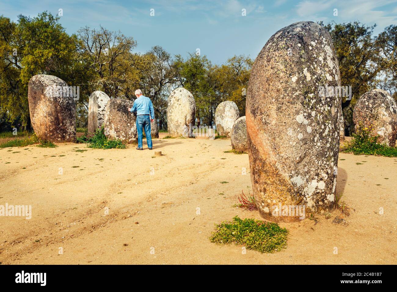 Vicino a Evora, quartiere Evora, Alentejo, Portogallo. Sito megalitico di Cromeleque dos Almengres. Un raggruppamento di 95 monoliti di granito. Foto Stock