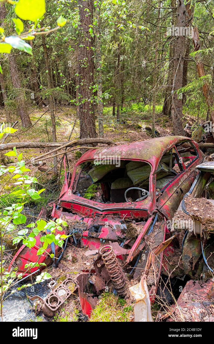 KIRKOE MOSSE, SVEZIA - 30 MAGGIO 2020: Un cimitero per auto situato in una foresta a Kirkoe mosse, Svezia. Foto Stock