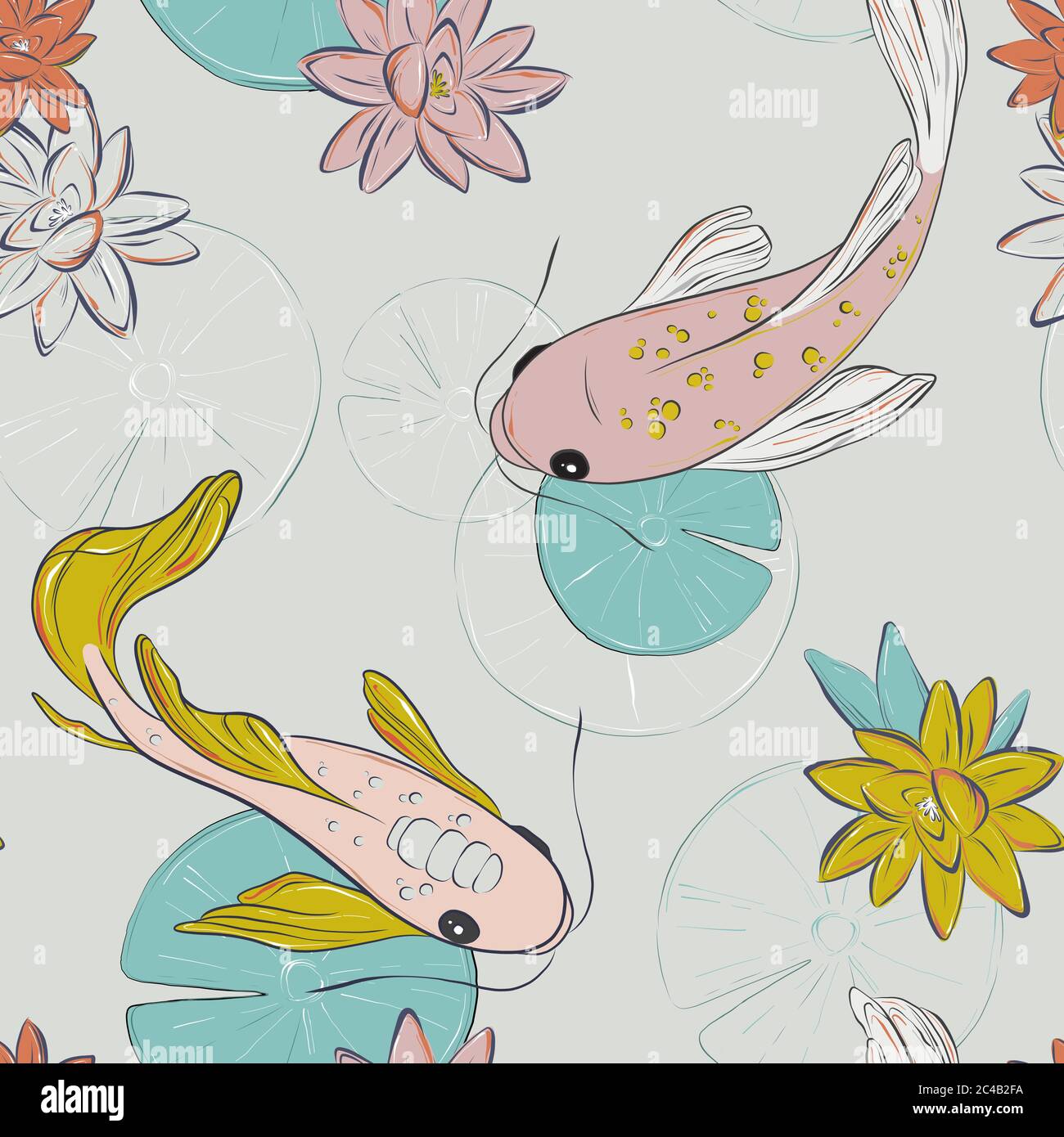 Koi pesce modello orientale. Pesce estivo tenero rosa giallo modello. Pesce  d'oro giapponese disegno floreale natura. Carpa in lago con texture di  fiori di loto Immagine e Vettoriale - Alamy