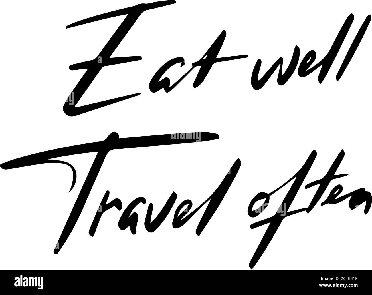 Mangiare bene, viaggio spesso citazione. Ideale per blog, articoli, sito Web, social media, poster, stampa di magliette, copertina della custodia. Illustrazione Vettoriale