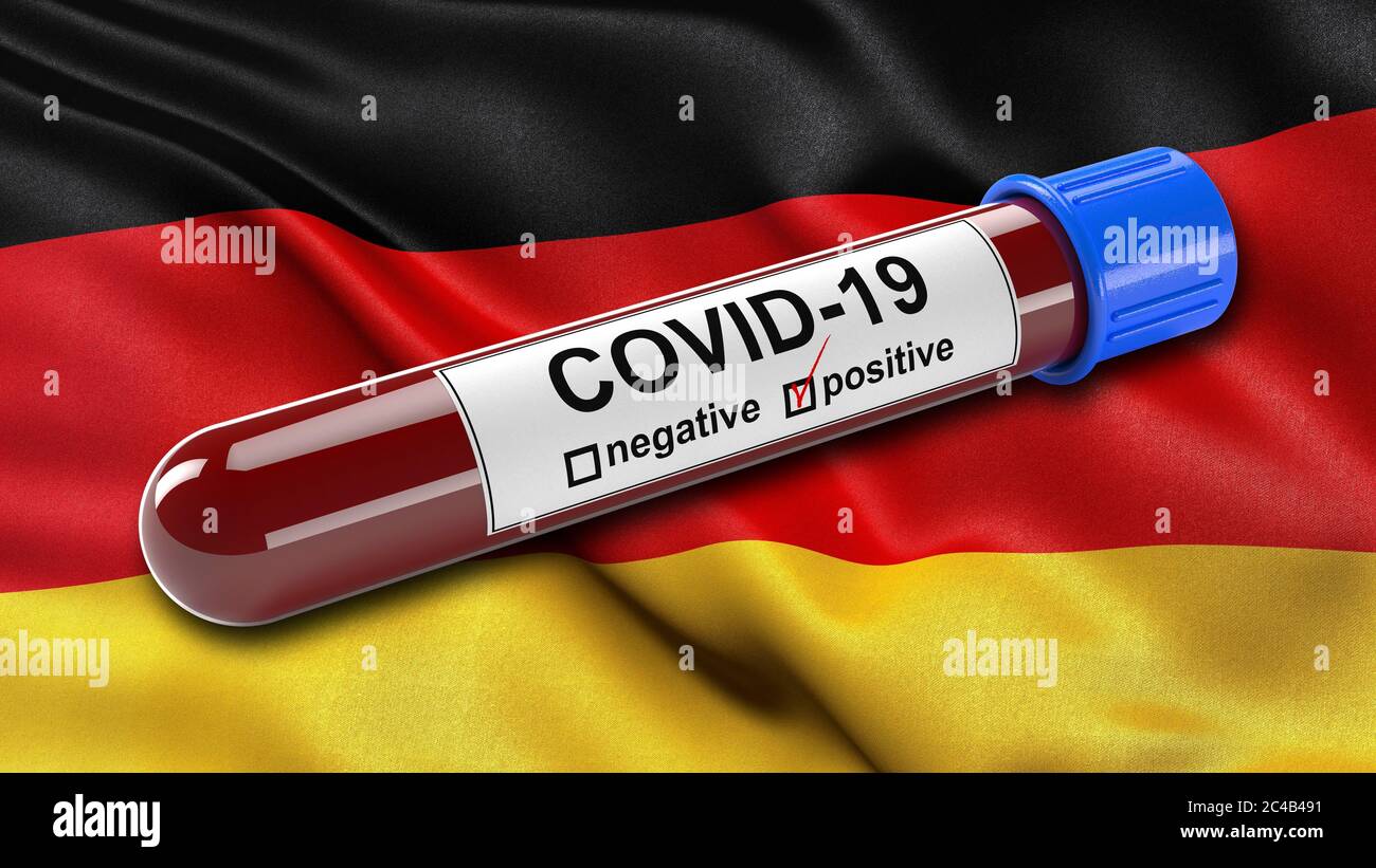 Composizione digitale, bandiera della Germania che sventolava nel vento con esame del sangue positivo Covid-19. Illustrazione 3D Foto Stock