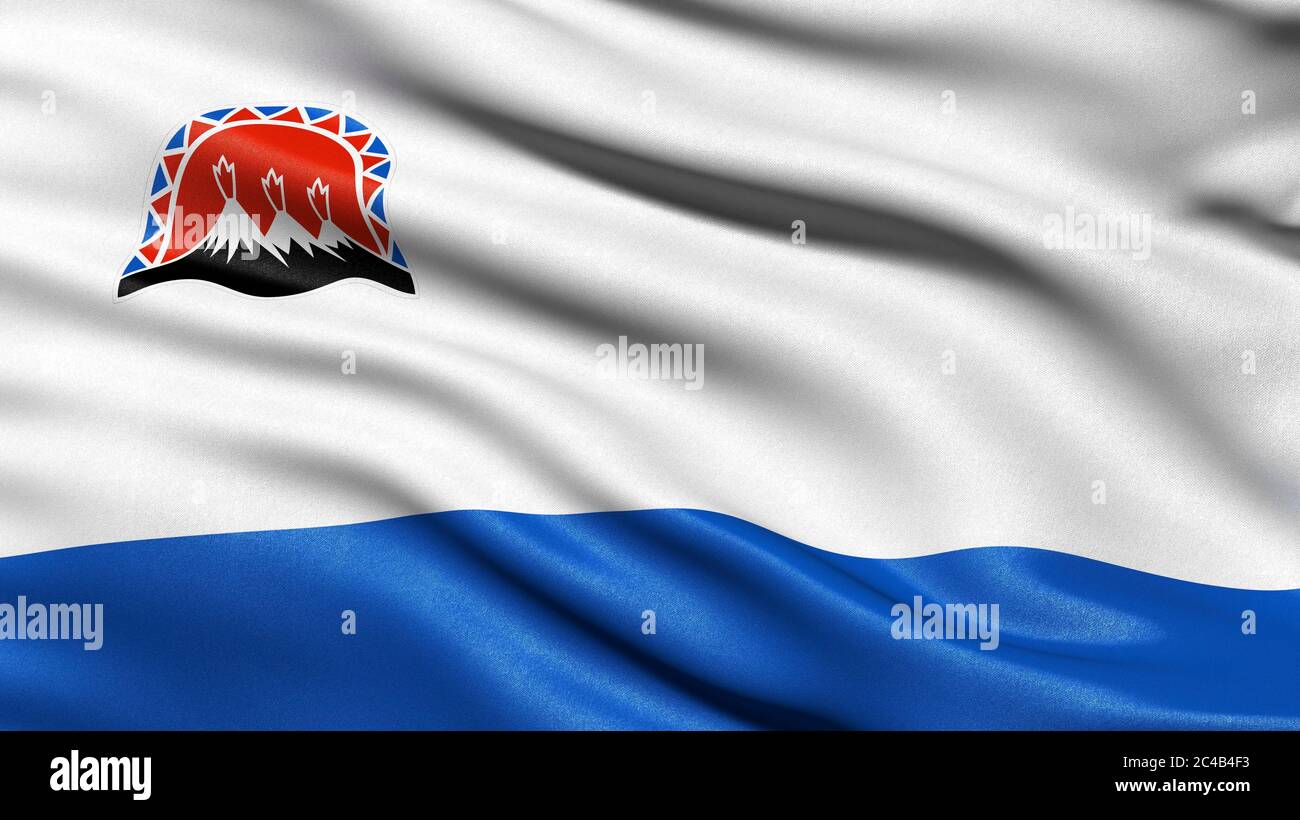 Bandiera della Regione Kamchatka, Russia, illustrazione 3D Foto Stock