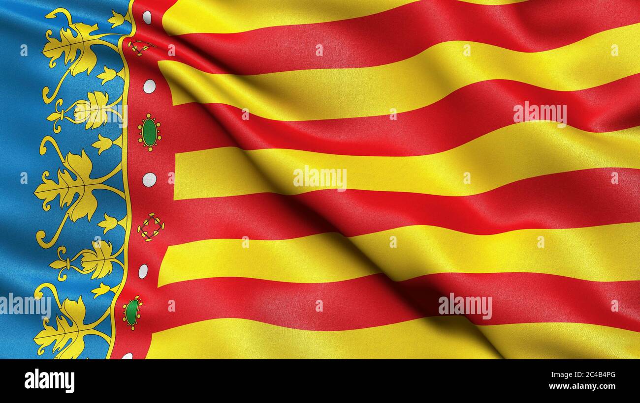 Bandiera della regione di Valencia, Spagna, illustrazione 3-D. Foto Stock