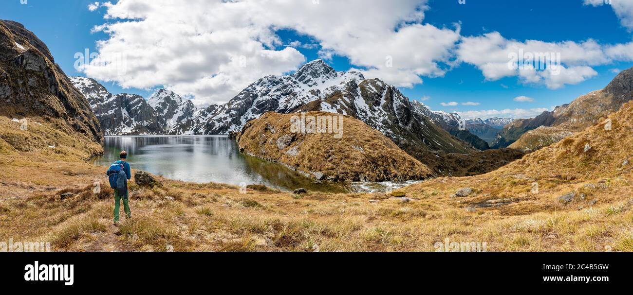 Escursionista al lago Harris, Routeburn Track, Mount aspiranti National Park, Westland District, West Coast, South Island Foto Stock