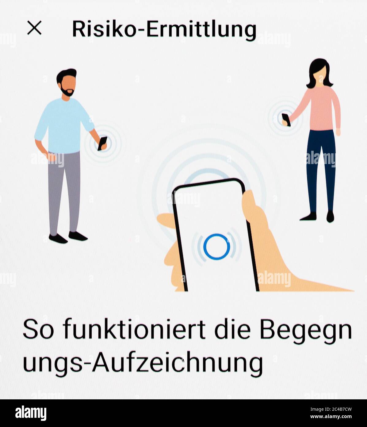 Corona-WARN-App, valutazione dei rischi, come funziona la registrazione dell'incontro, display del telefono cellulare, Germania Foto Stock