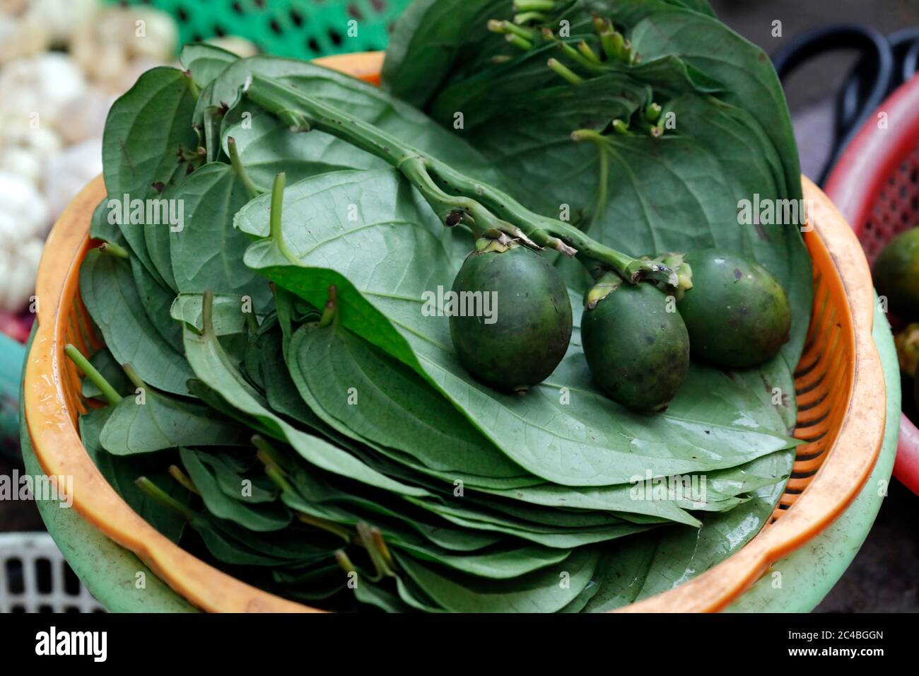 Foglie di betel e noce di arreca in vendita sul mercato Foto Stock