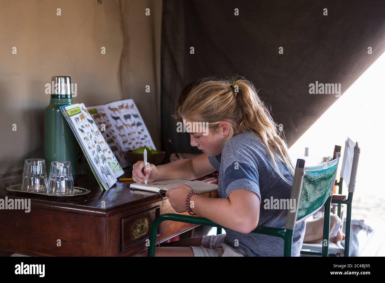 Ragazza di dodici anni seduta in una tenda, scrivendo o disegnando in un giornale. Foto Stock