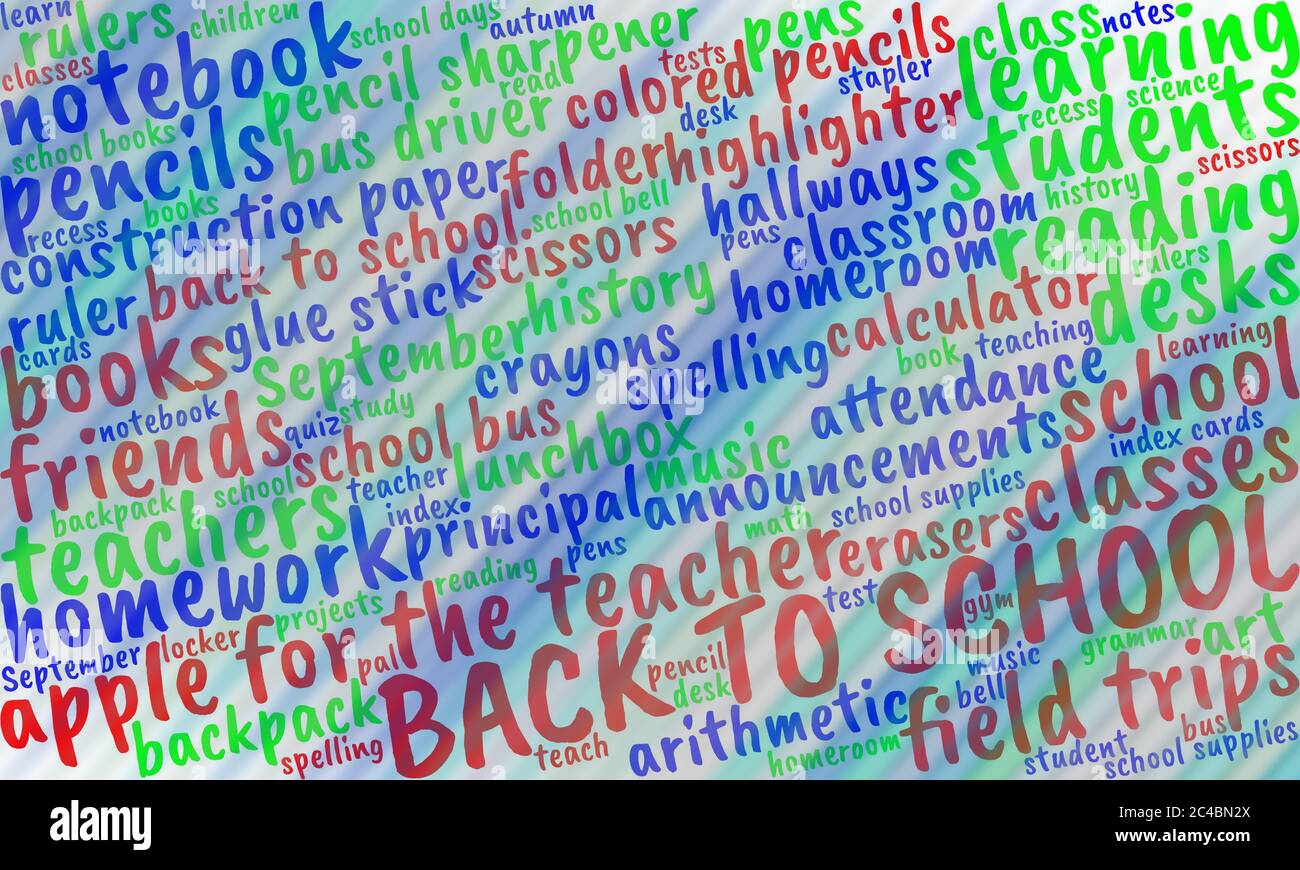 Nuvola di parole colorate con tipografia sul tema "Back to School" Foto Stock