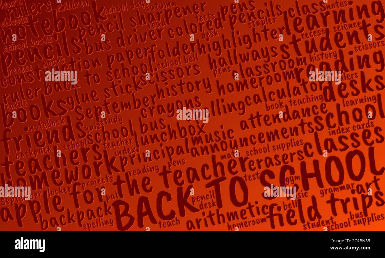 Nuvola di parole arancione "Back to School", grafica tipografica di sfondo Foto Stock