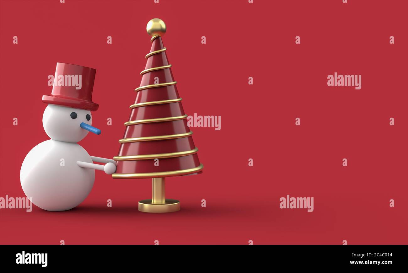 Allegra cartolina di Natale . Pupazzo di neve con albero di Natale . Rendering 3D . Illustrazione 3D Foto Stock