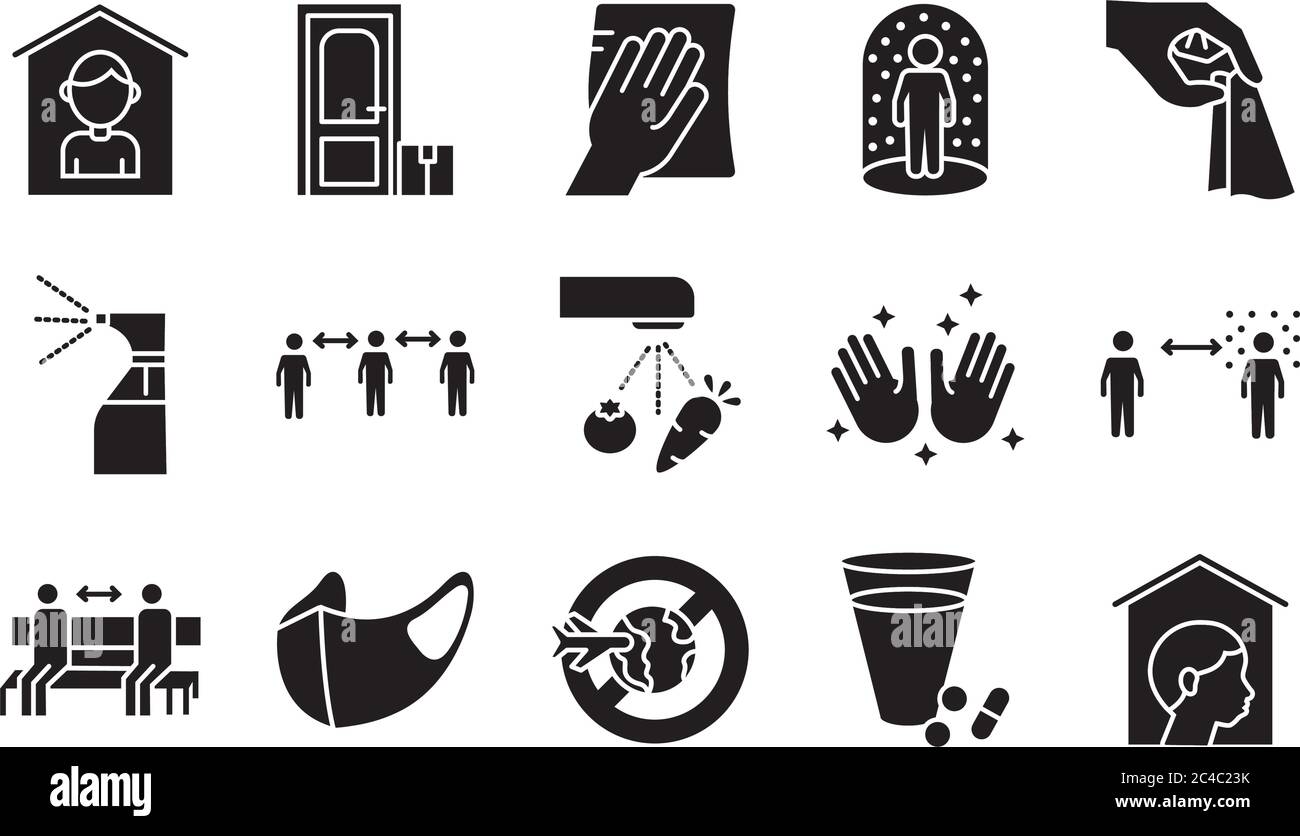 insieme di distanza sociale e di covid19 impostare icone disegno vettoriale illustrazione Illustrazione Vettoriale