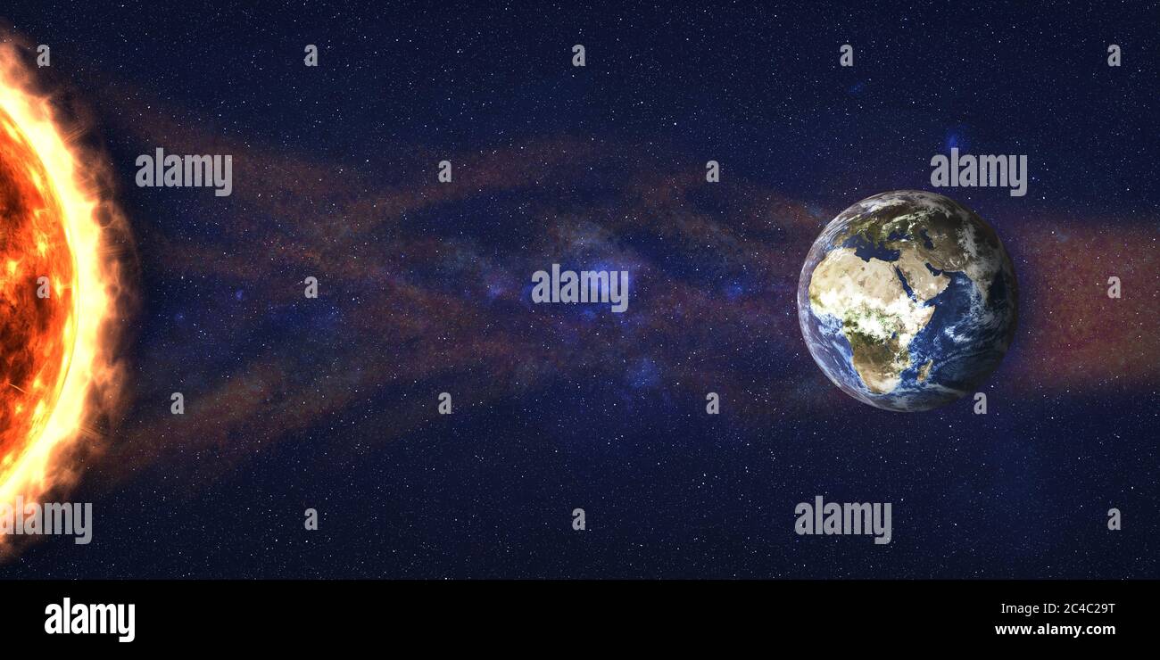 Tempesta di sole nello spazio. Flusso di radiazione solare verso il pianeta Terra. illustrazione del rendering 3d. Elementi di questa immagine sono stati forniti dalla NASA Foto Stock