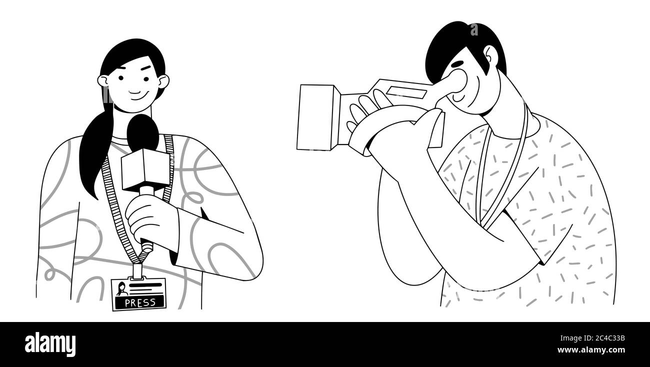 Notizie TV. Un reporter con un microfono e un cameraman con una videocamera che fa rapporto. Giornalista donna. Accredito stampa. Stile doodle linea illustrazione vettoriale Illustrazione Vettoriale